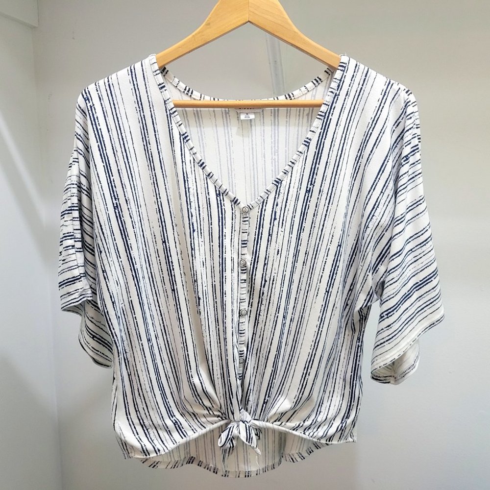 Closetrix Women's Vertical Stripe Button Tie Bell Sleeve Top - Size S